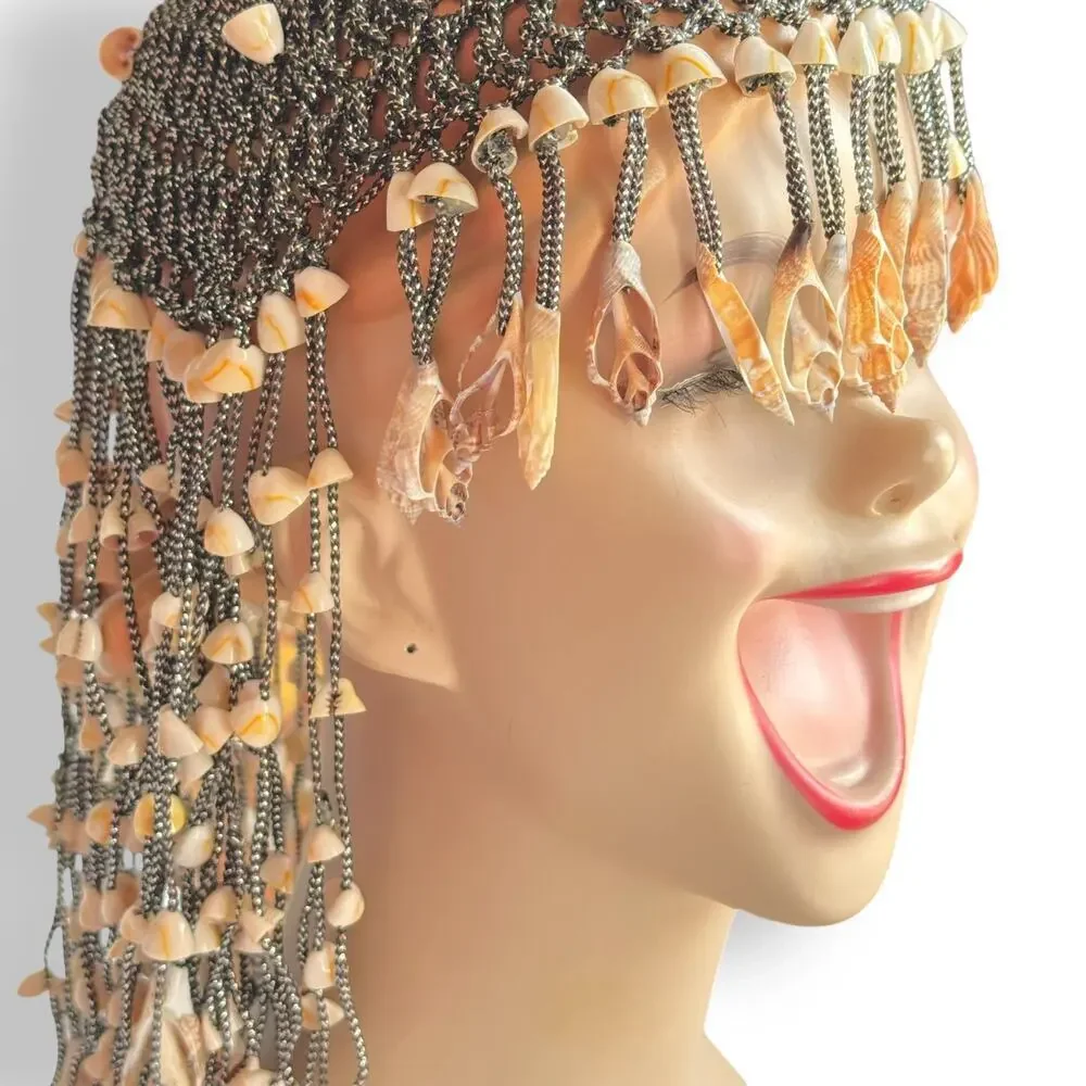 1970s Cleopatra Cowrie Fringe Seashell Egyptian Silver Flapper Headdress Vintage